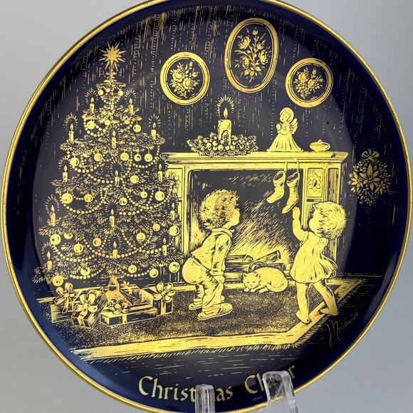 1975 Lindner Cobalt “Christmas Cheer” 24K Gold Collector Plate H.H. Lihs Germany - Picture 2 of 10